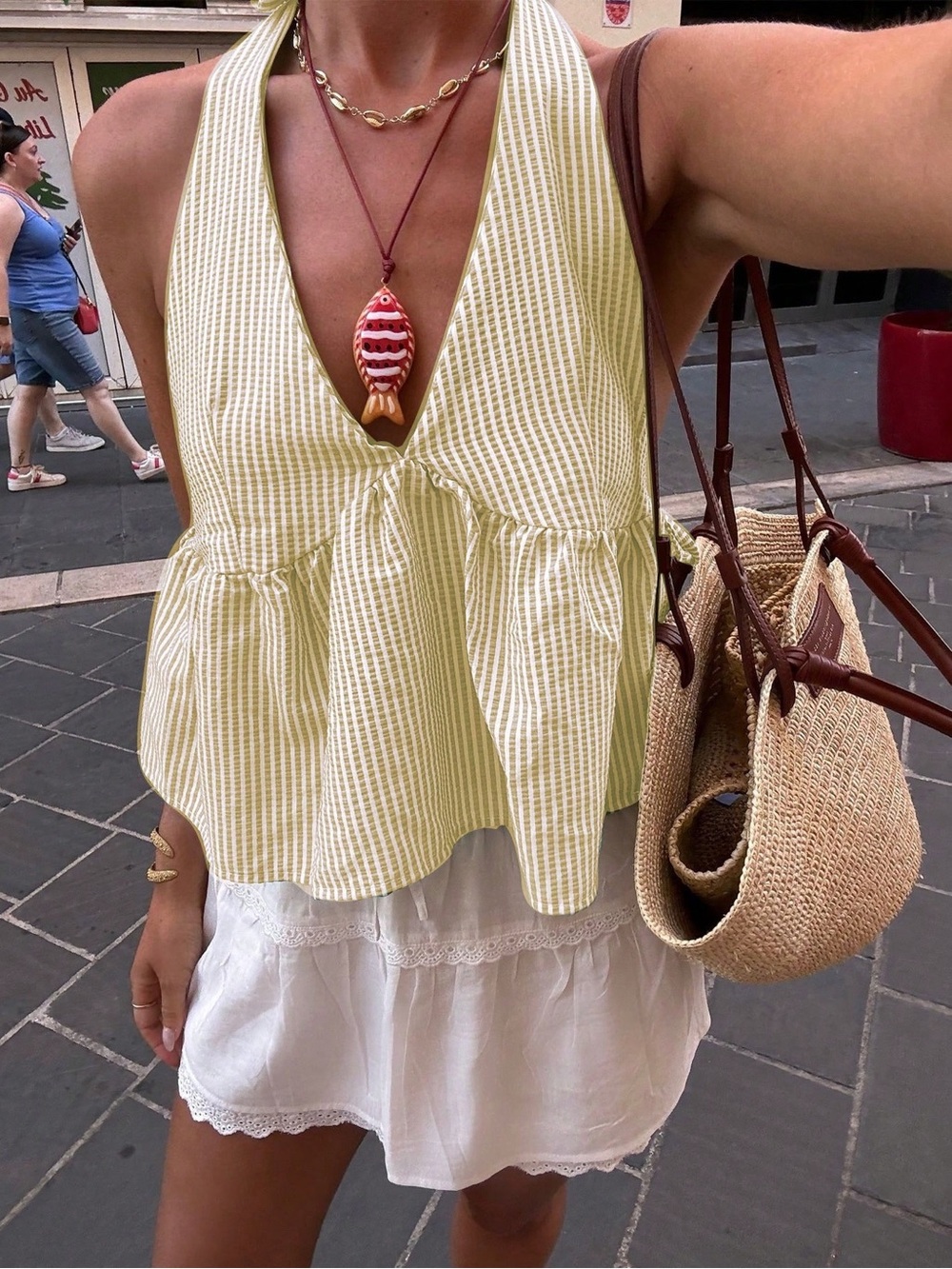 Sleeveless Yellow Stripe Peplum Halter Top